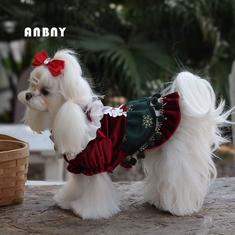 PawsCube - Pet Clothing Autumn Velvet Anti-Hair Loss Puppy Small Dog Skirt Puppy Dog Christmas Dress